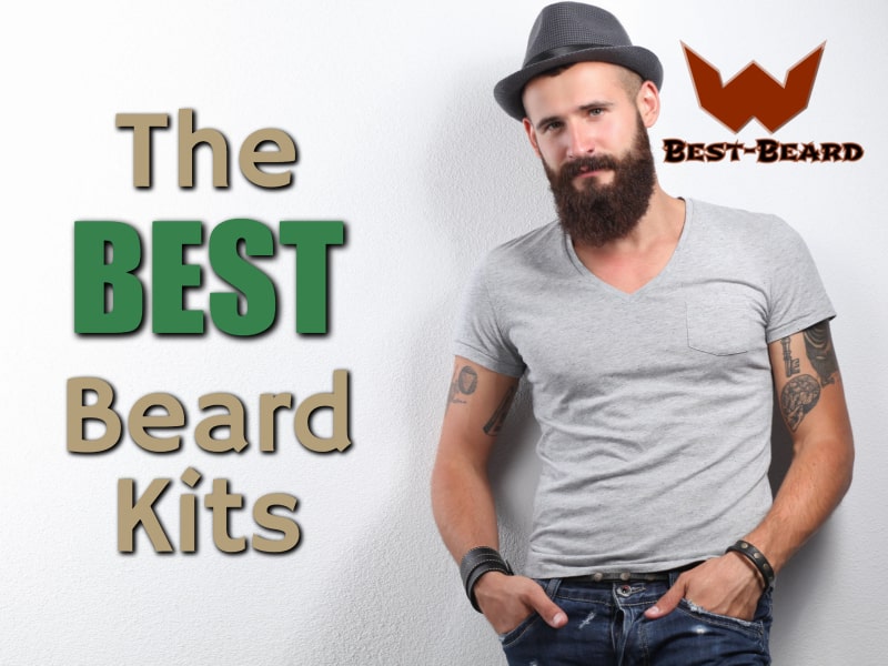 The featured image for the best beard kits article. Image is of a bearded man standing next to the article title